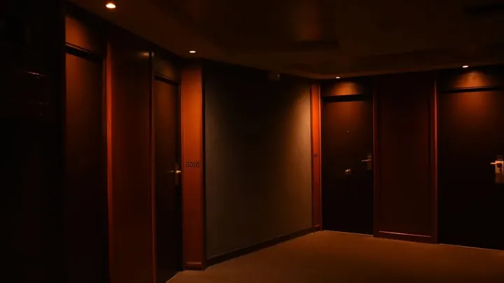 A dim corridor lined with doors