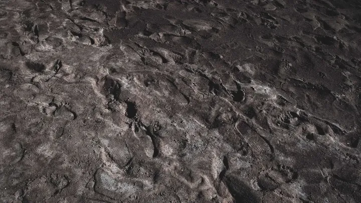 Overlapping footprints in dark sand