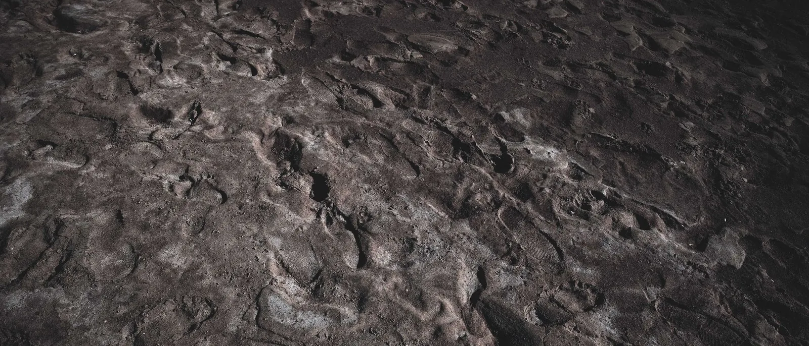 Overlapping footprints in dark sand