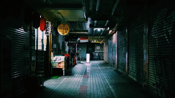 A night alley of closed shutters, one light on