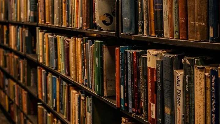 A library stack corridor in amber light
