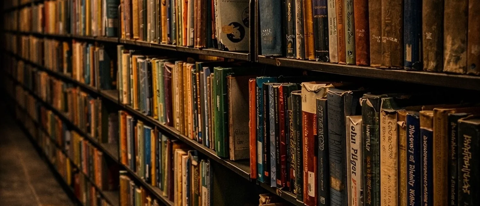 A library stack corridor in amber light