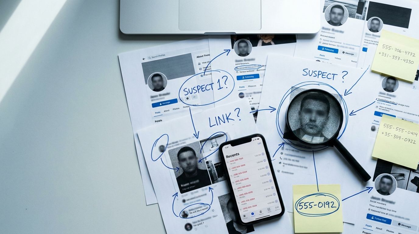 An investigator's desk covered in printed social profiles, annotated by hand and cross-referenced with a magnifying glass