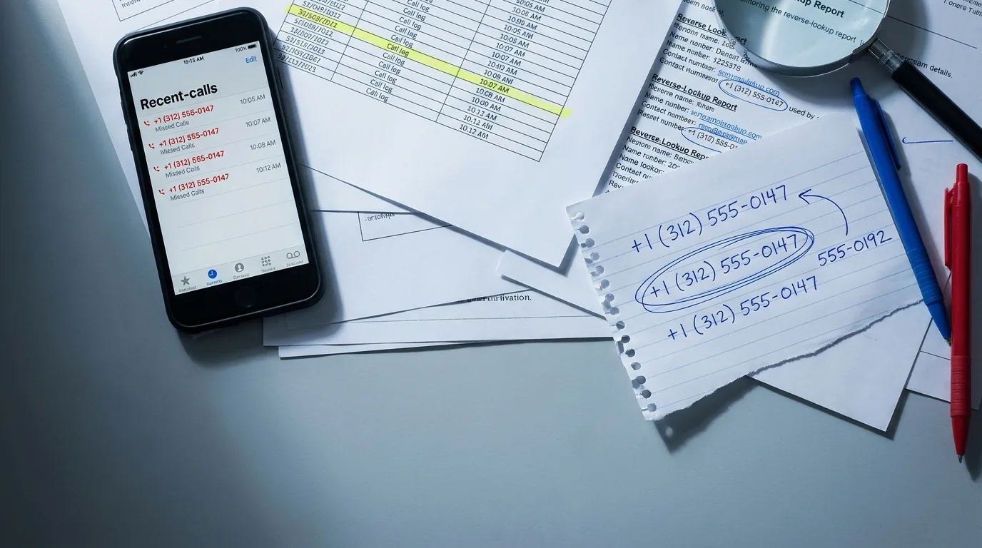 Four missed calls from the same unknown number beside a printed reverse-lookup report