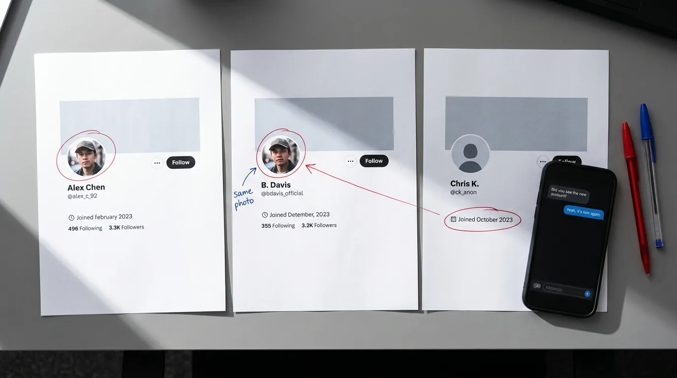 Three printed profiles under different names all using the same photograph, circled in red